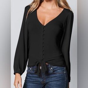 NWOT VENUS Black V-Neck Tie-Front Button-Up Top Sz XS